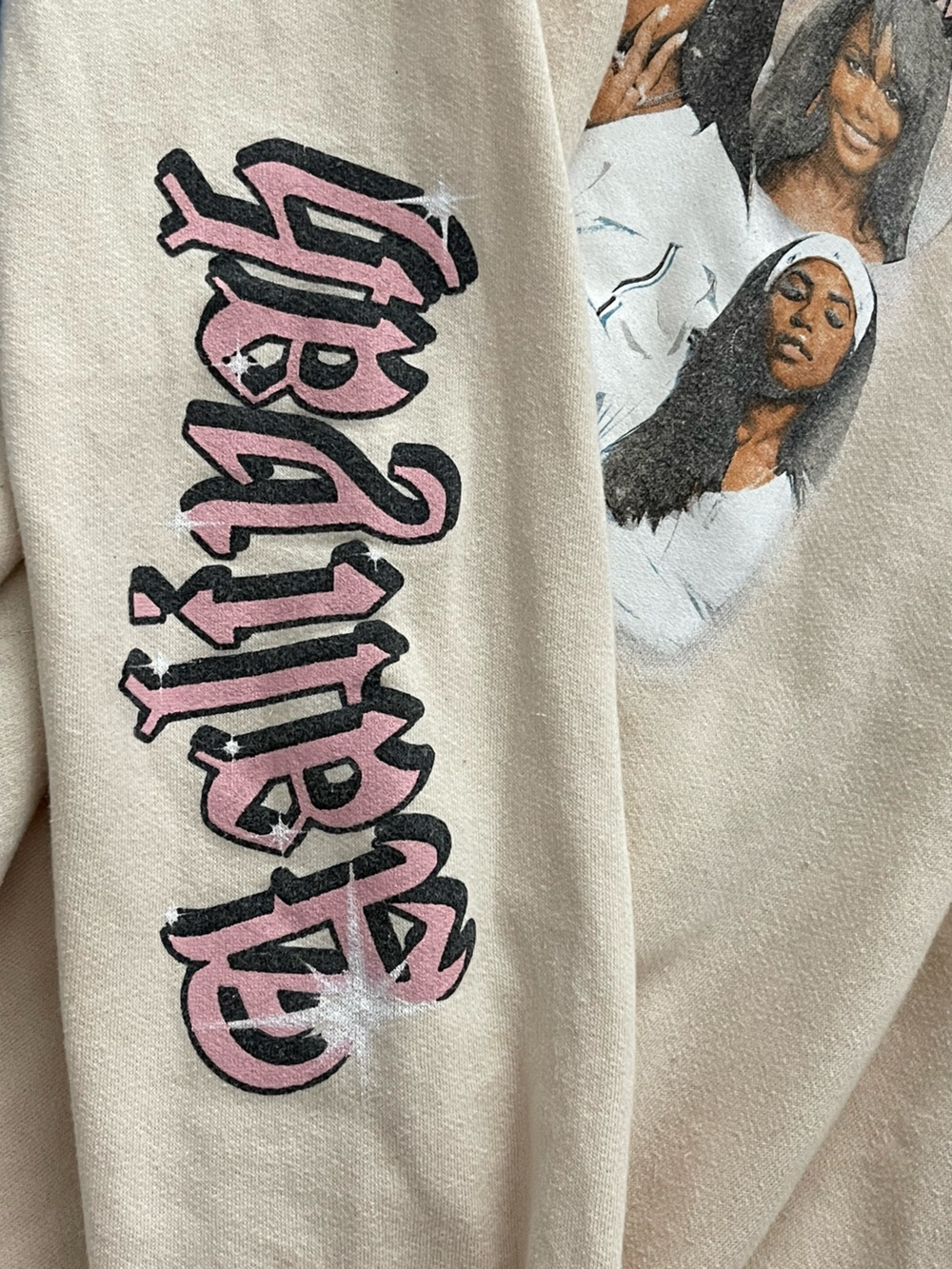 Aaliyah Beige Graphic Pullover Hoodie with Front Print - Women-Size XL - Picture 5 of 7